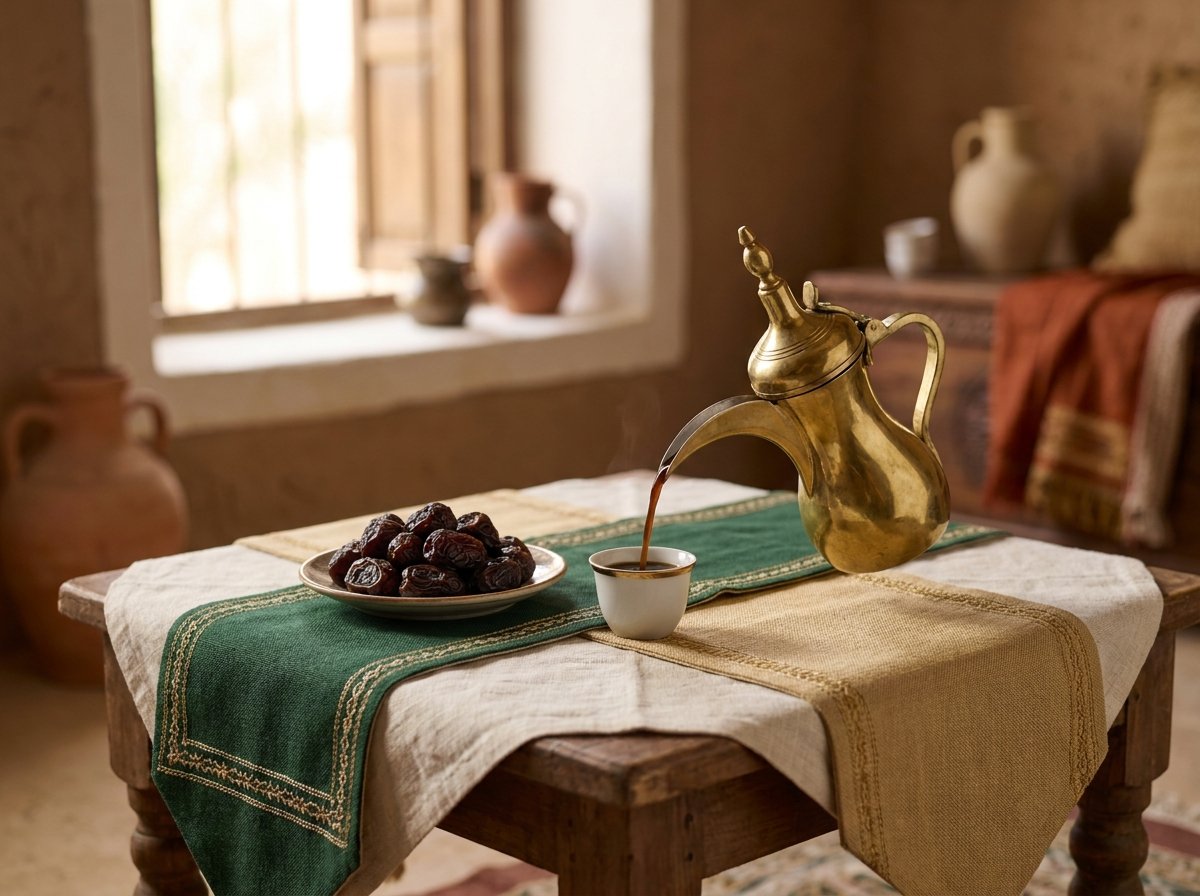 Arabic coffee poured from a brass dallah beside a plate of Ajwa dates