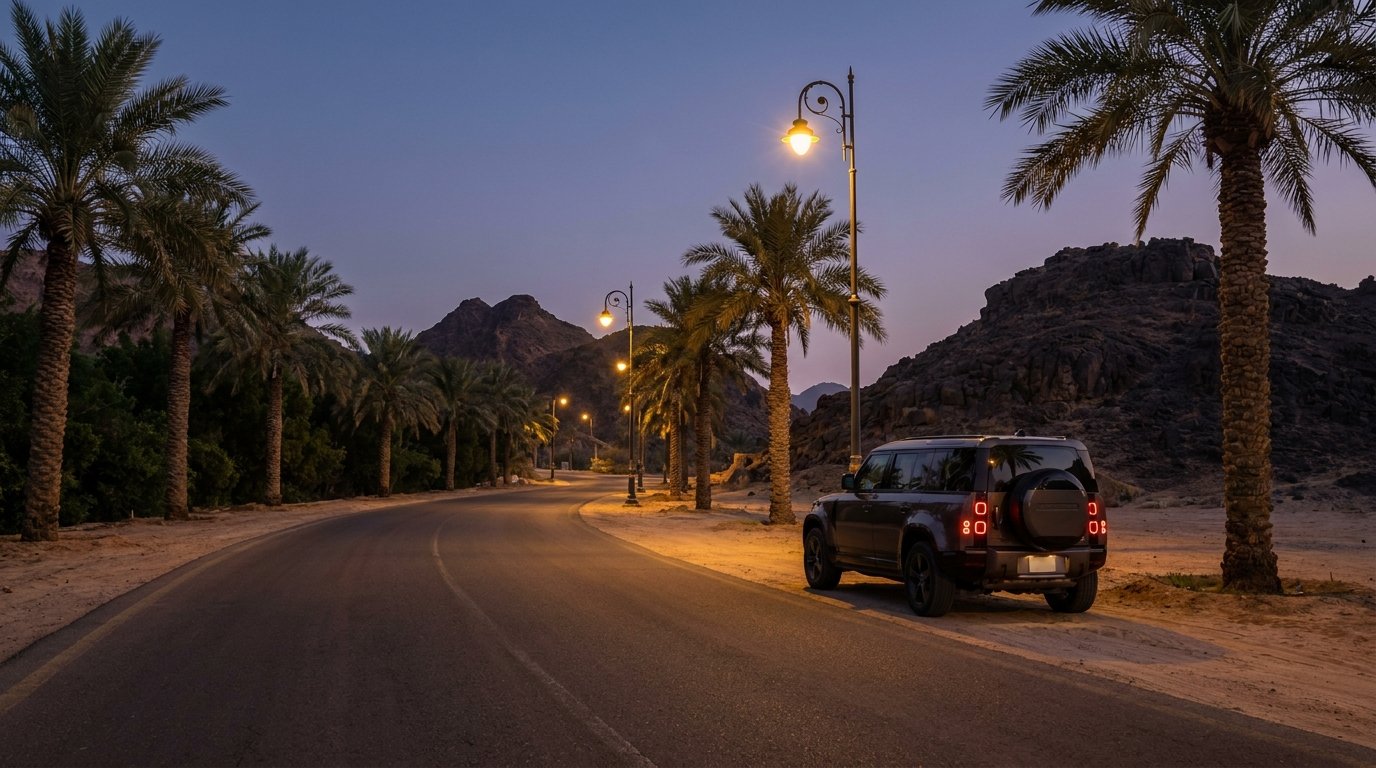 Madinah at golden hour seen through date palms, with basalt hills behind the city